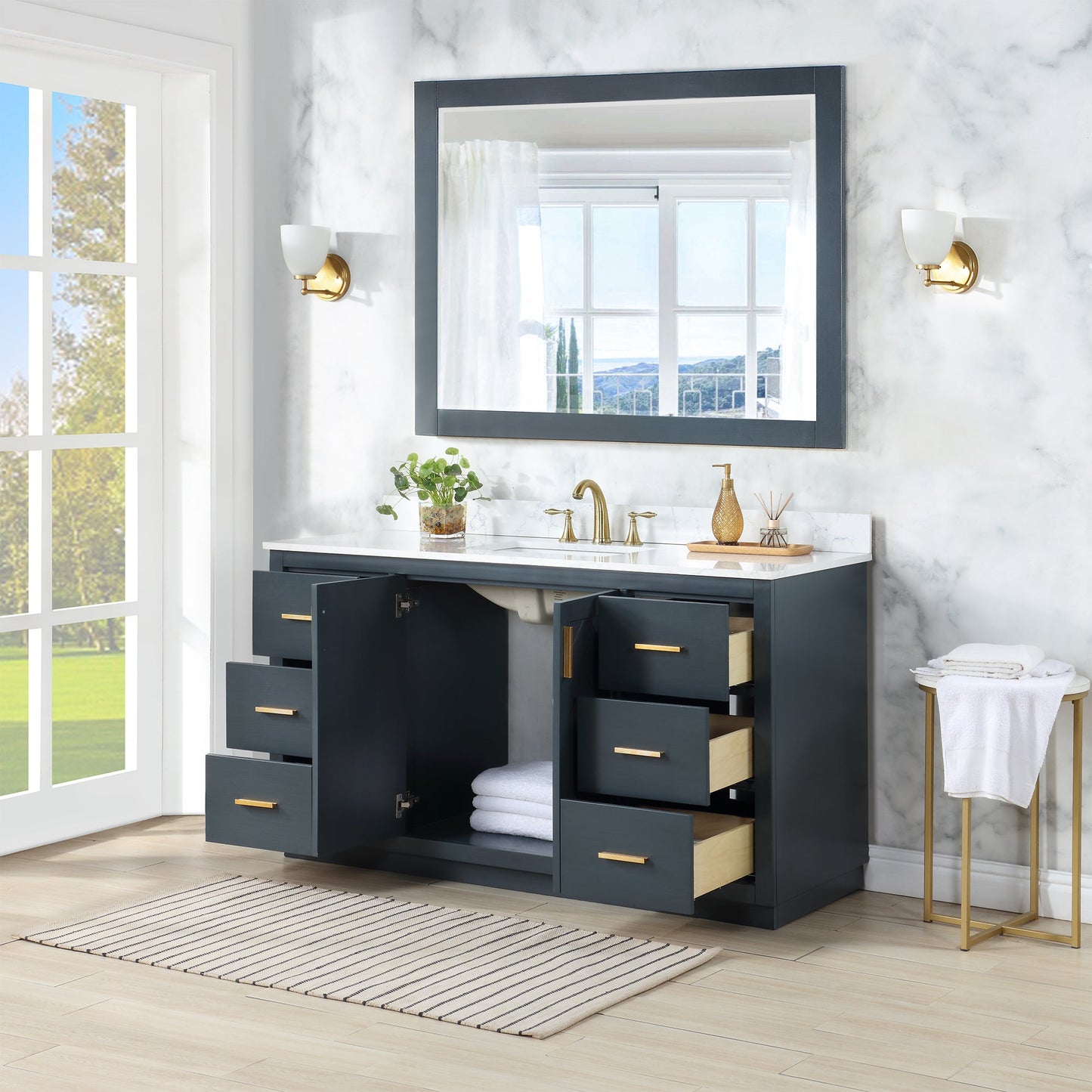 Gazsi 60" Single Bathroom Vanity Set in Classic Blue with Grain White Engineered Stone Countertop with Mirror