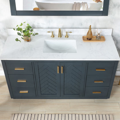 Gazsi 60" Single Bathroom Vanity Set in Classic Blue with Grain White Engineered Stone Countertop with Mirror
