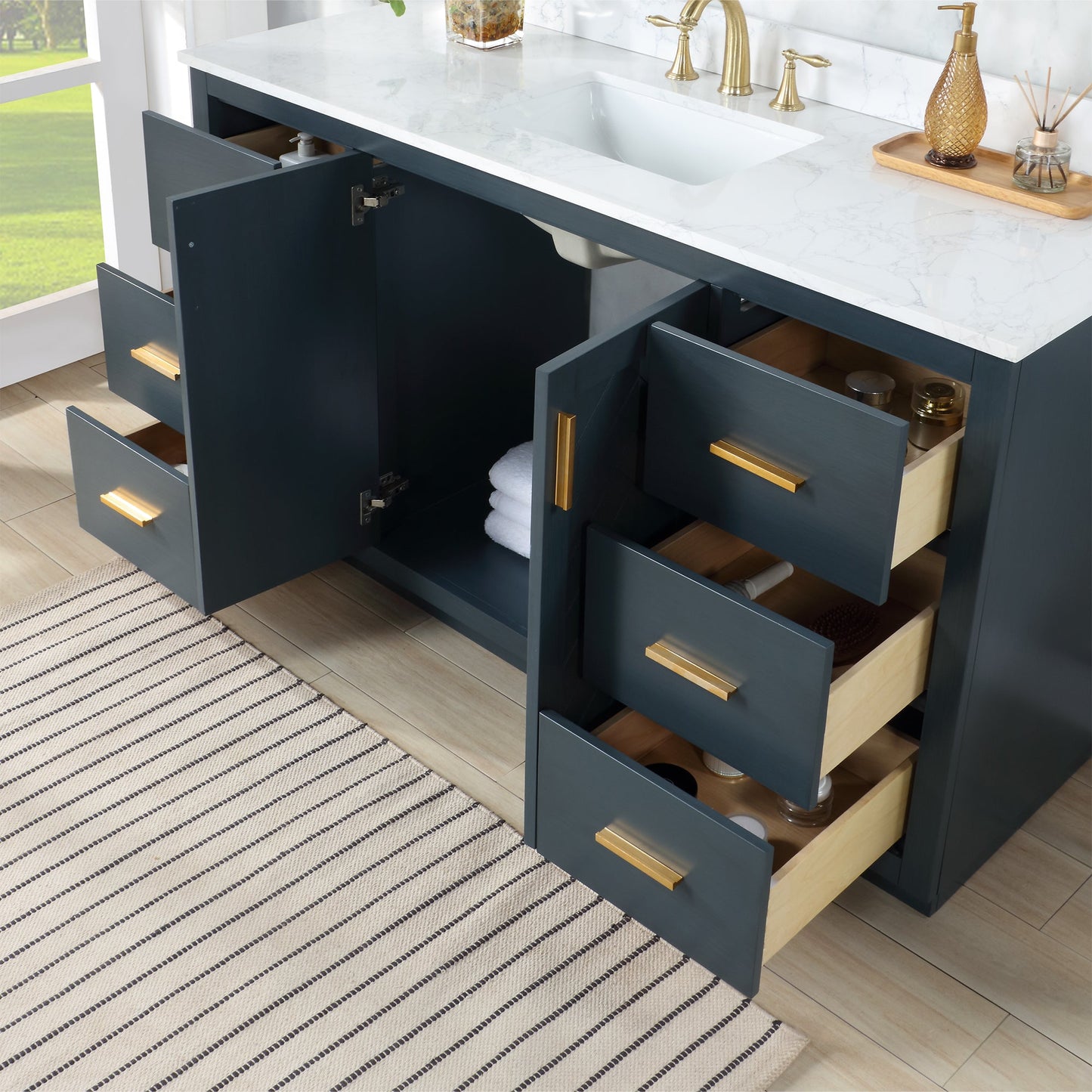Gazsi 60" Single Bathroom Vanity Set in Classic Blue with Grain White Engineered Stone Countertop with Mirror