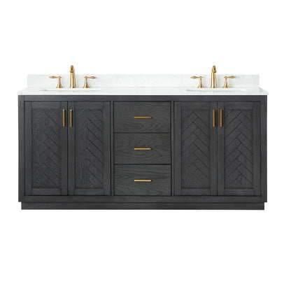 Gazsi 72" Double Bathroom Vanity Set in Brown Oak with Grain White Engineered Stone Countertop without Mirror