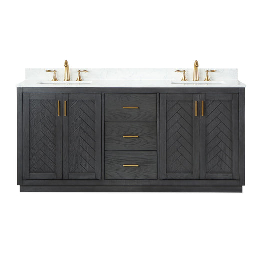 Gazsi 72" Double Bathroom Vanity Set in Brown Oak with Grain White Engineered Stone Countertop without Mirror