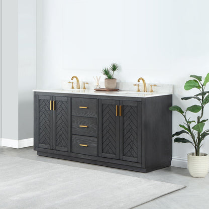 Gazsi 72" Double Bathroom Vanity Set in Brown Oak with Grain White Engineered Stone Countertop without Mirror
