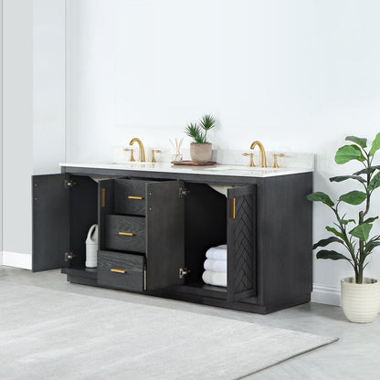 Gazsi 72" Double Bathroom Vanity Set in Brown Oak with Grain White Engineered Stone Countertop without Mirror