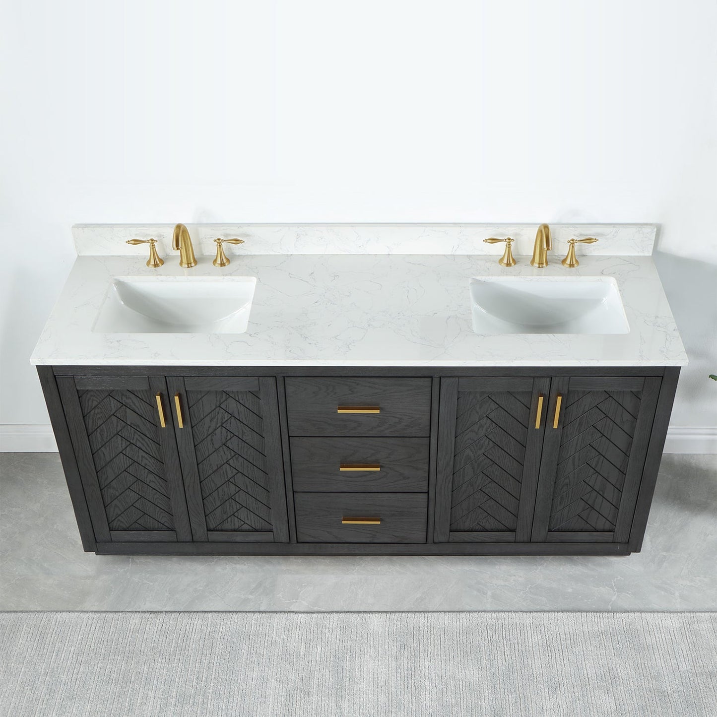 Gazsi 72" Double Bathroom Vanity Set in Brown Oak with Grain White Engineered Stone Countertop without Mirror
