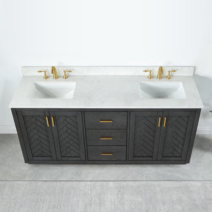 Gazsi 72" Double Bathroom Vanity Set in Brown Oak with Grain White Engineered Stone Countertop without Mirror