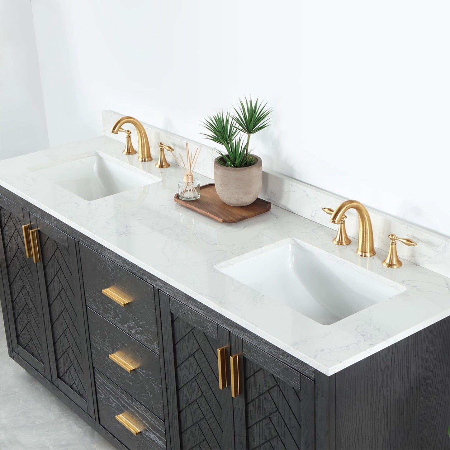 Gazsi 72" Double Bathroom Vanity Set in Brown Oak with Grain White Engineered Stone Countertop without Mirror