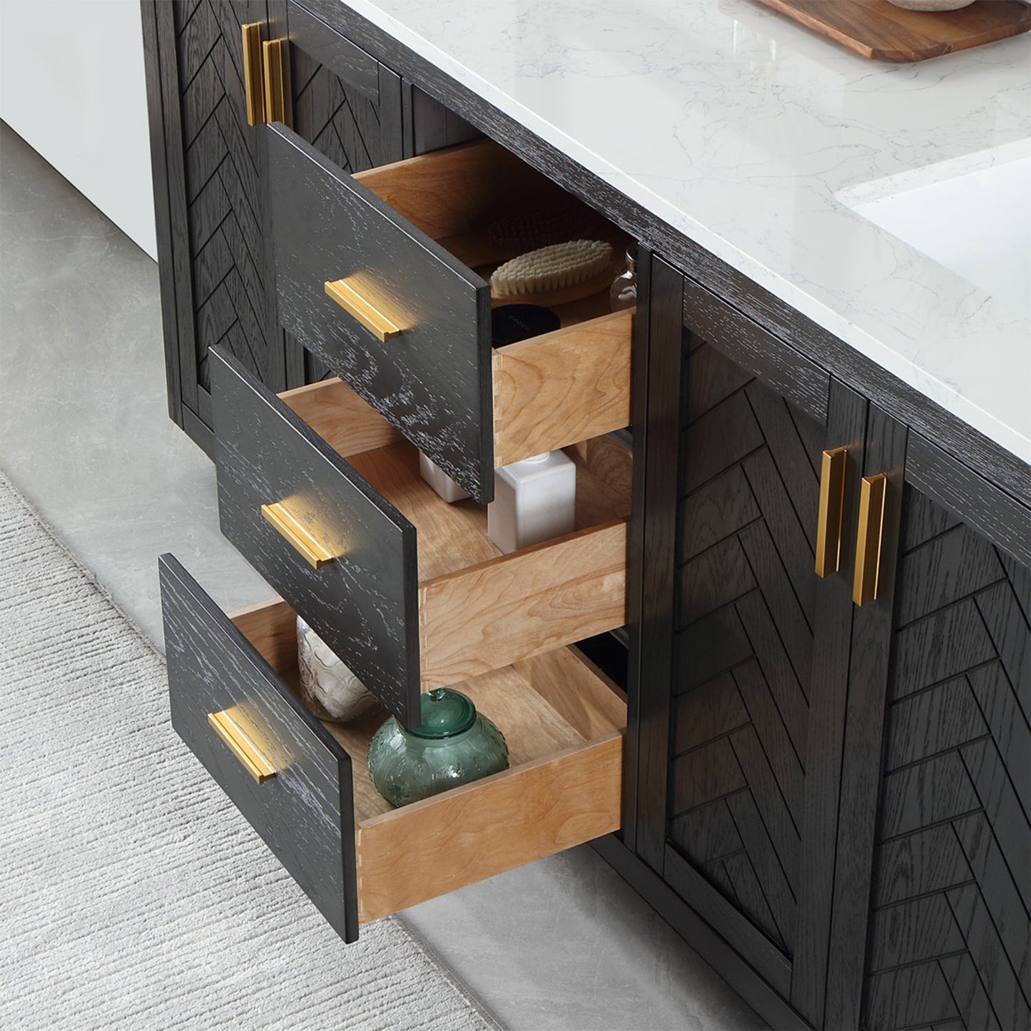 Gazsi 72" Double Bathroom Vanity Set in Brown Oak with Grain White Engineered Stone Countertop without Mirror