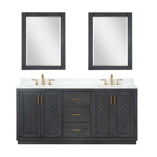 Gazsi 72" Double Bathroom Vanity Set in Brown Oak with Grain White Engineered Stone Countertop with Mirror