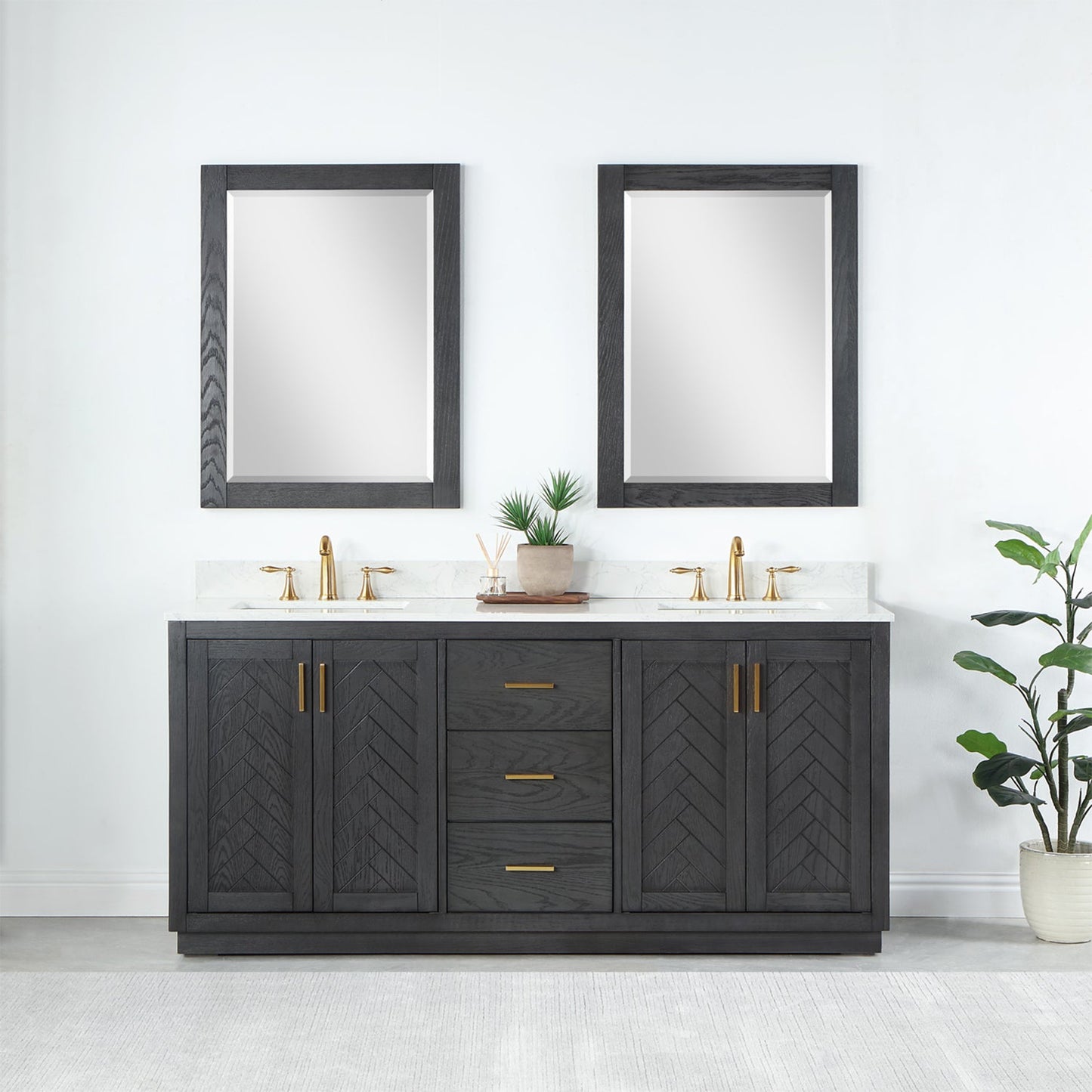Gazsi 72" Double Bathroom Vanity Set in Brown Oak with Grain White Engineered Stone Countertop with Mirror