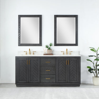 Gazsi 72" Double Bathroom Vanity Set in Brown Oak with Grain White Engineered Stone Countertop with Mirror