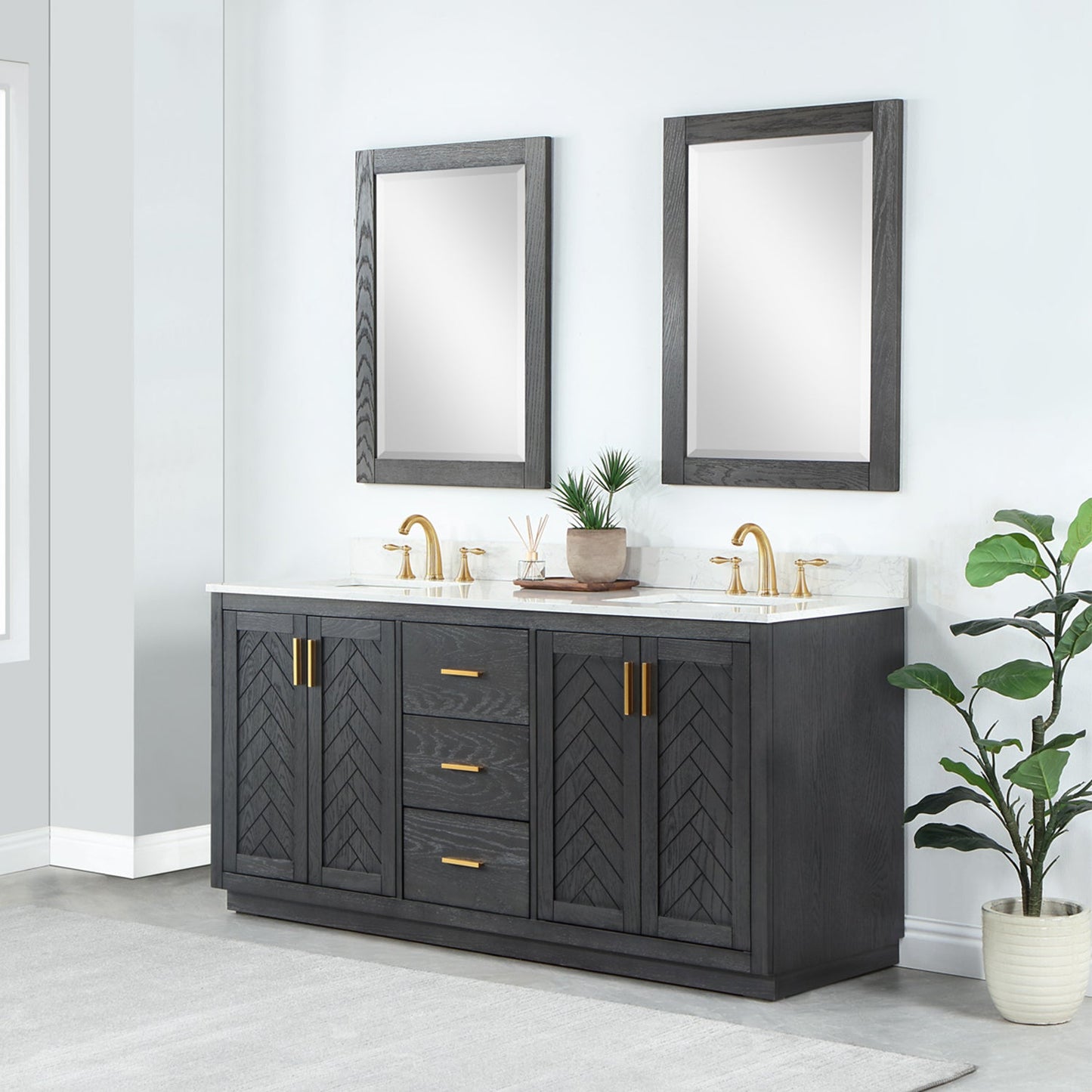 Gazsi 72" Double Bathroom Vanity Set in Brown Oak with Grain White Engineered Stone Countertop with Mirror