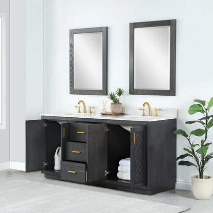 Gazsi 72" Double Bathroom Vanity Set in Brown Oak with Grain White Engineered Stone Countertop with Mirror