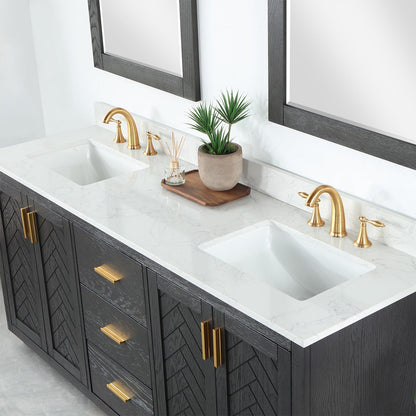 Gazsi 72" Double Bathroom Vanity Set in Brown Oak with Grain White Engineered Stone Countertop with Mirror