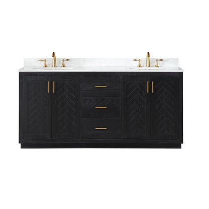 Gazsi 72" Double Bathroom Vanity Set in Black Oak with Grain White Engineered Stone Countertop without Mirror