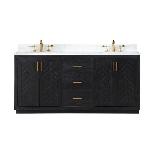 Gazsi 72" Double Bathroom Vanity Set in Black Oak with Grain White Engineered Stone Countertop without Mirror