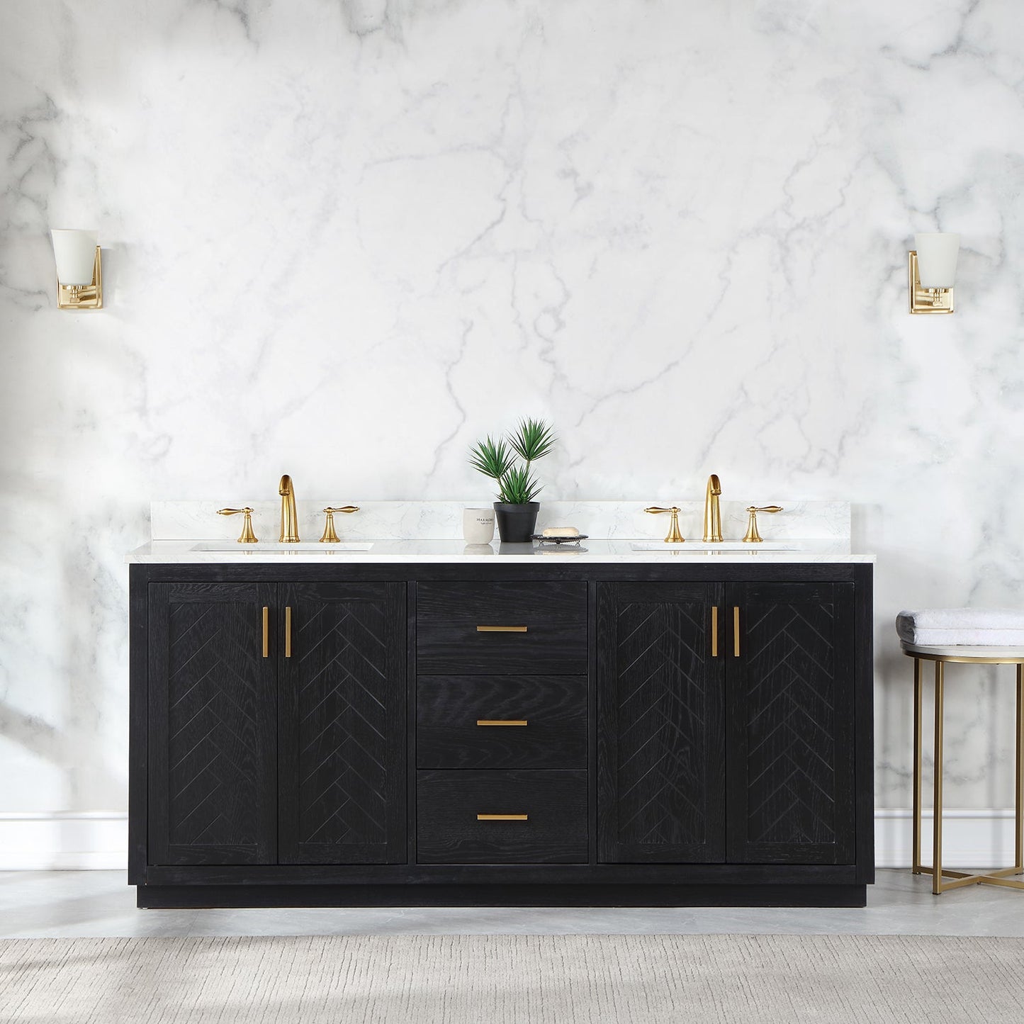 Gazsi 72" Double Bathroom Vanity Set in Black Oak with Grain White Engineered Stone Countertop without Mirror