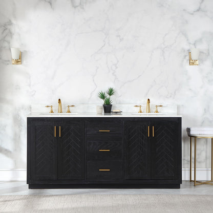 Gazsi 72" Double Bathroom Vanity Set in Black Oak with Grain White Engineered Stone Countertop without Mirror