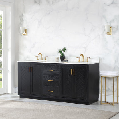 Gazsi 72" Double Bathroom Vanity Set in Black Oak with Grain White Engineered Stone Countertop without Mirror