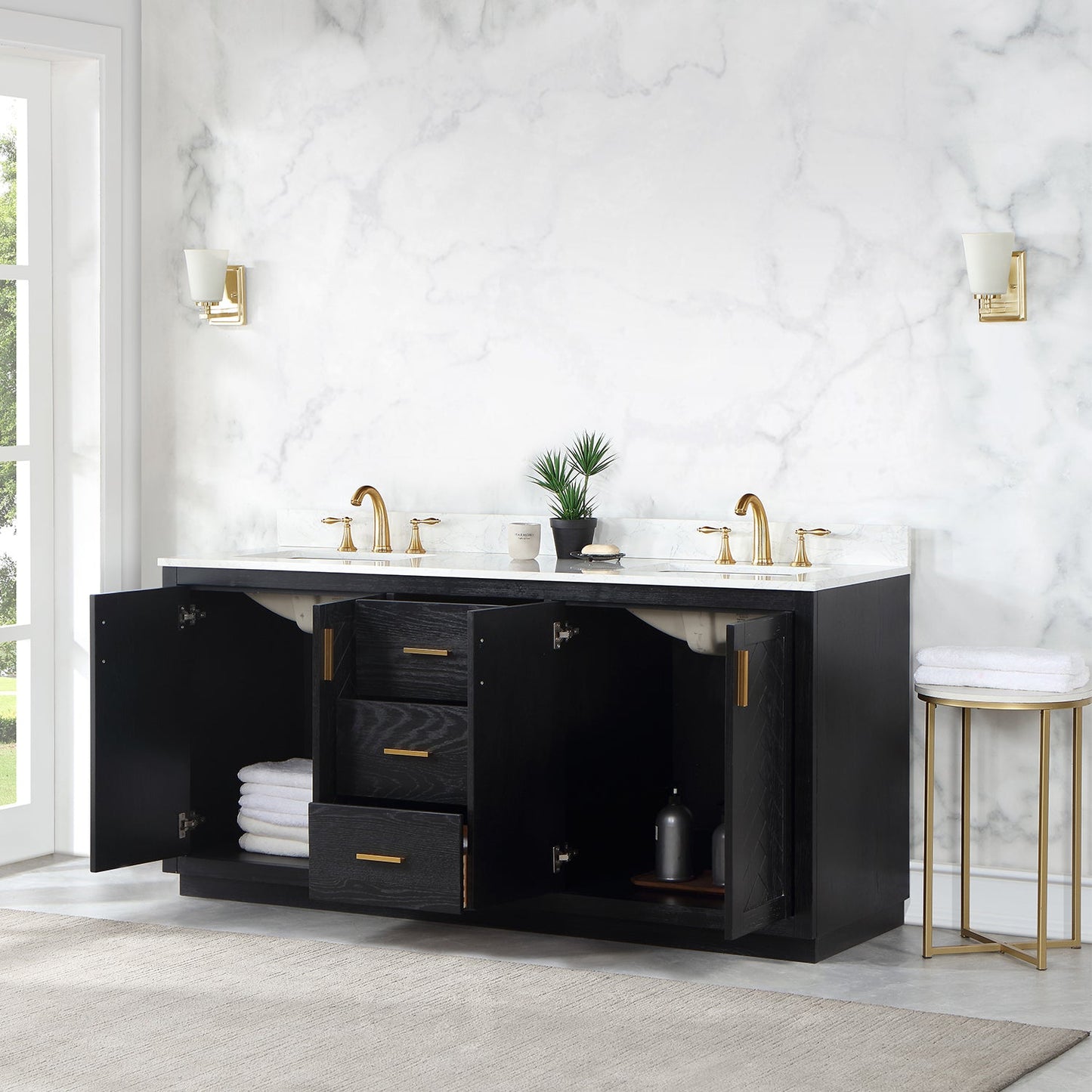 Gazsi 72" Double Bathroom Vanity Set in Black Oak with Grain White Engineered Stone Countertop without Mirror