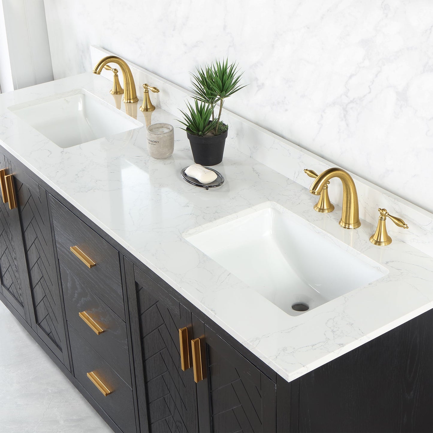Gazsi 72" Double Bathroom Vanity Set in Black Oak with Grain White Engineered Stone Countertop without Mirror