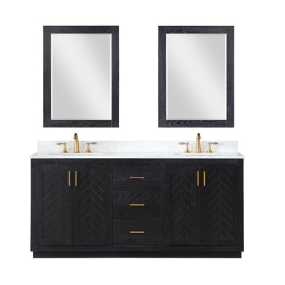 Gazsi 72" Double Bathroom Vanity Set in Black Oak with Grain White Engineered Stone Countertop with Mirror