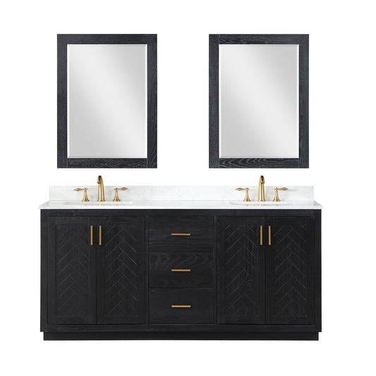 Gazsi 72" Double Bathroom Vanity Set in Black Oak with Grain White Engineered Stone Countertop with Mirror