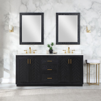 Gazsi 72" Double Bathroom Vanity Set in Black Oak with Grain White Engineered Stone Countertop with Mirror