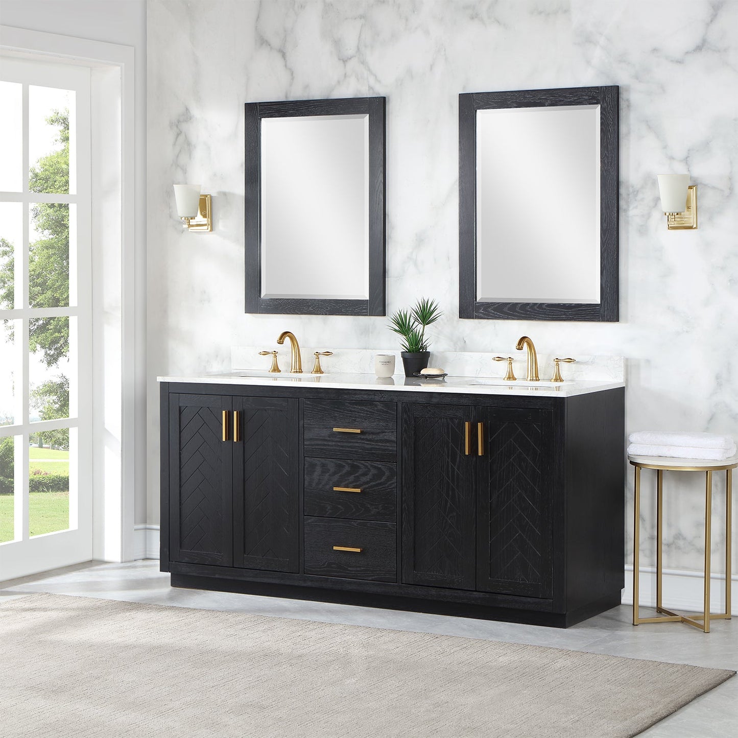 Gazsi 72" Double Bathroom Vanity Set in Black Oak with Grain White Engineered Stone Countertop with Mirror