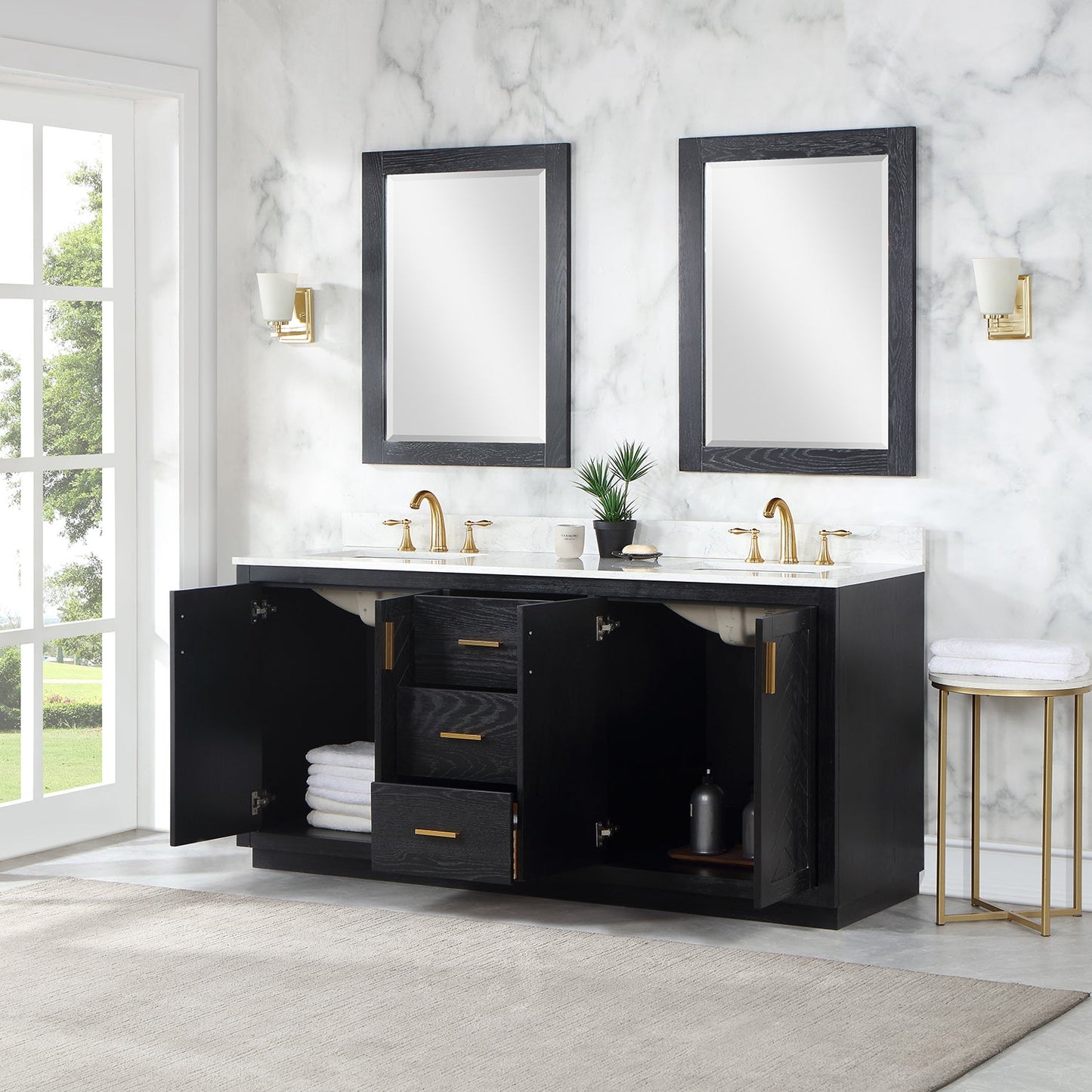 Gazsi 72" Double Bathroom Vanity Set in Black Oak with Grain White Engineered Stone Countertop with Mirror