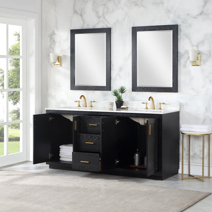 Gazsi 72" Double Bathroom Vanity Set in Black Oak with Grain White Engineered Stone Countertop with Mirror