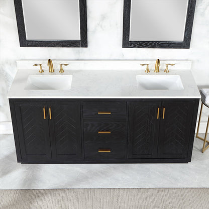 Gazsi 72" Double Bathroom Vanity Set in Black Oak with Grain White Engineered Stone Countertop with Mirror