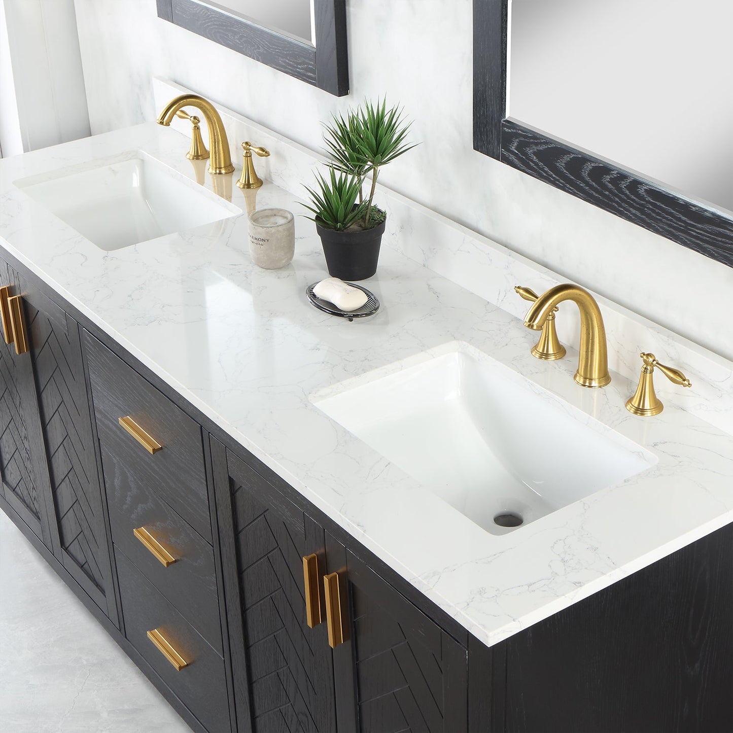Gazsi 72" Double Bathroom Vanity Set in Black Oak with Grain White Engineered Stone Countertop with Mirror