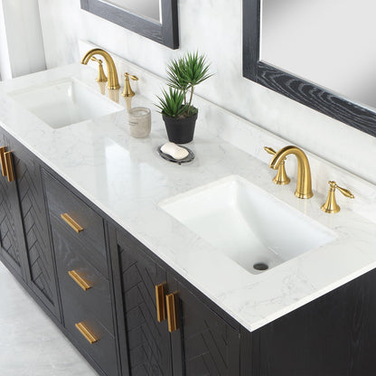 Gazsi 72" Double Bathroom Vanity Set in Black Oak with Grain White Engineered Stone Countertop with Mirror