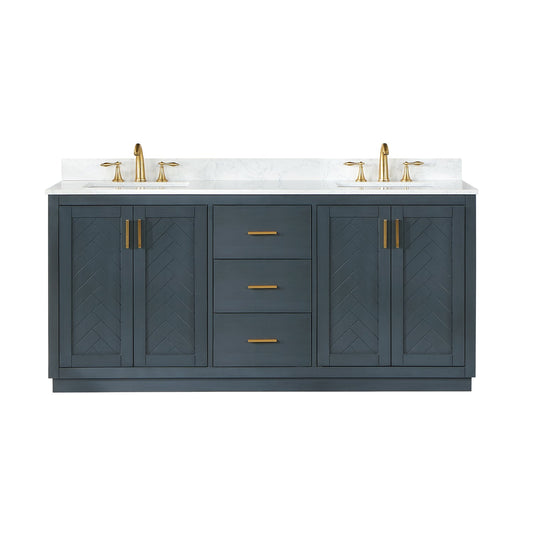 Gazsi 72" Double Bathroom Vanity Set in Classic Blue with Grain White Engineered Stone Countertop without Mirror