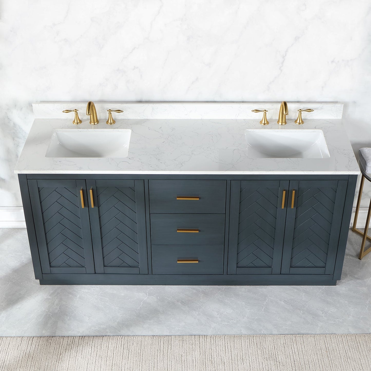 Gazsi 72" Double Bathroom Vanity Set in Classic Blue with Grain White Engineered Stone Countertop without Mirror