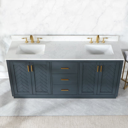 Gazsi 72" Double Bathroom Vanity Set in Classic Blue with Grain White Engineered Stone Countertop without Mirror