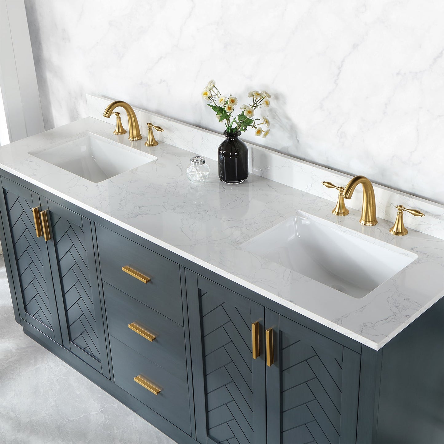 Gazsi 72" Double Bathroom Vanity Set in Classic Blue with Grain White Engineered Stone Countertop without Mirror