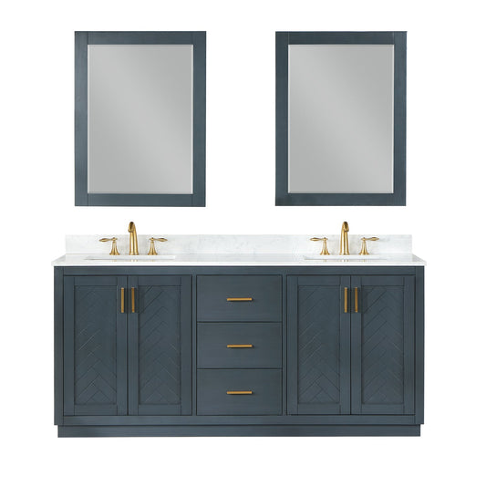 Gazsi 72" Double Bathroom Vanity Set in Classic Blue with Grain White Engineered Stone Countertop with Mirror