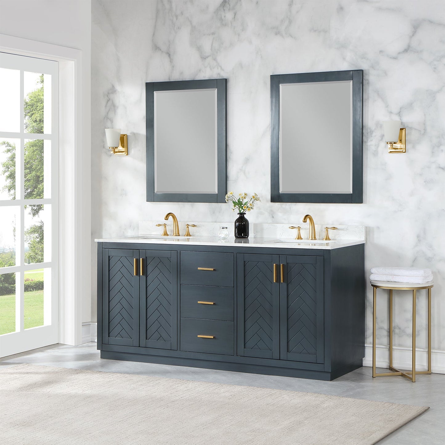 Gazsi 72" Double Bathroom Vanity Set in Classic Blue with Grain White Engineered Stone Countertop with Mirror