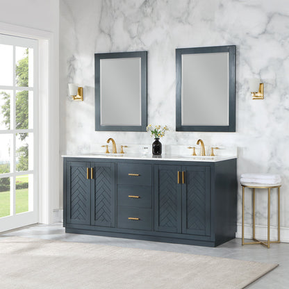Gazsi 72" Double Bathroom Vanity Set in Classic Blue with Grain White Engineered Stone Countertop with Mirror