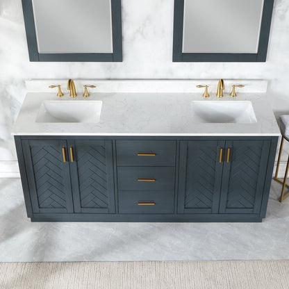 Gazsi 72" Double Bathroom Vanity Set in Classic Blue with Grain White Engineered Stone Countertop with Mirror