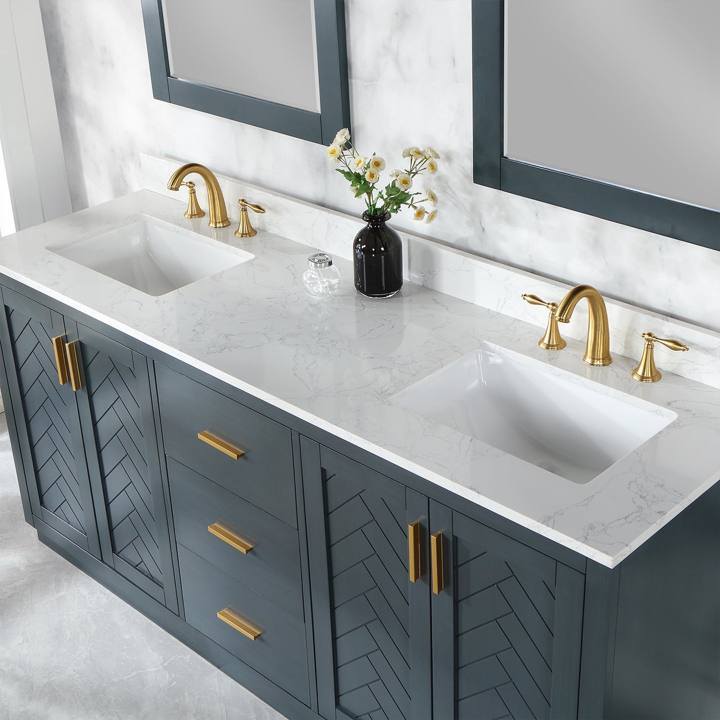 Gazsi 72" Double Bathroom Vanity Set in Classic Blue with Grain White Engineered Stone Countertop with Mirror