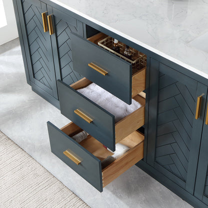 Gazsi 72" Double Bathroom Vanity Set in Classic Blue with Grain White Engineered Stone Countertop with Mirror