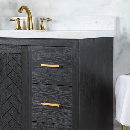 Gazsi 84" Double Bathroom Vanity Set in Black Oak with Grain White Engineered Stone Countertop without Mirror