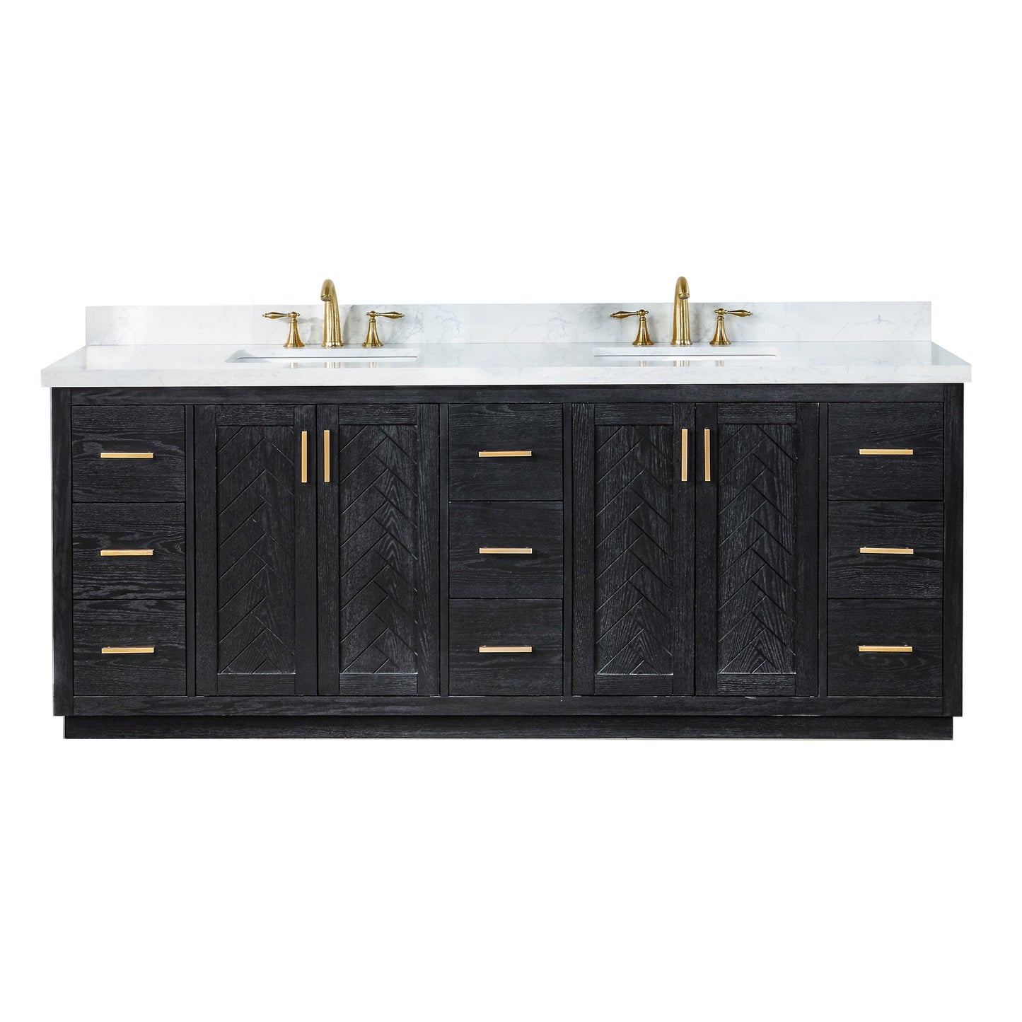 Gazsi 84" Double Bathroom Vanity Set in Black Oak with Grain White Engineered Stone Countertop without Mirror