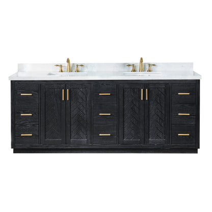 Gazsi 84" Double Bathroom Vanity Set in Black Oak with Grain White Engineered Stone Countertop without Mirror