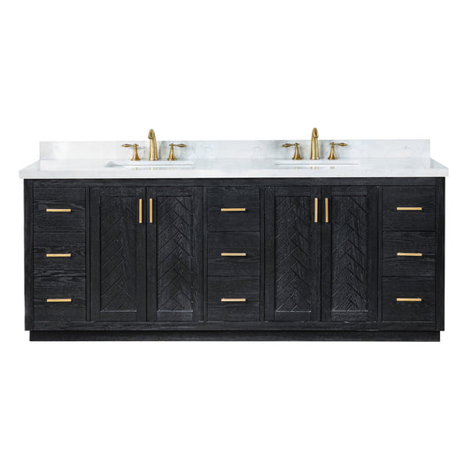 Gazsi 84" Double Bathroom Vanity Set in Black Oak with Grain White Engineered Stone Countertop without Mirror