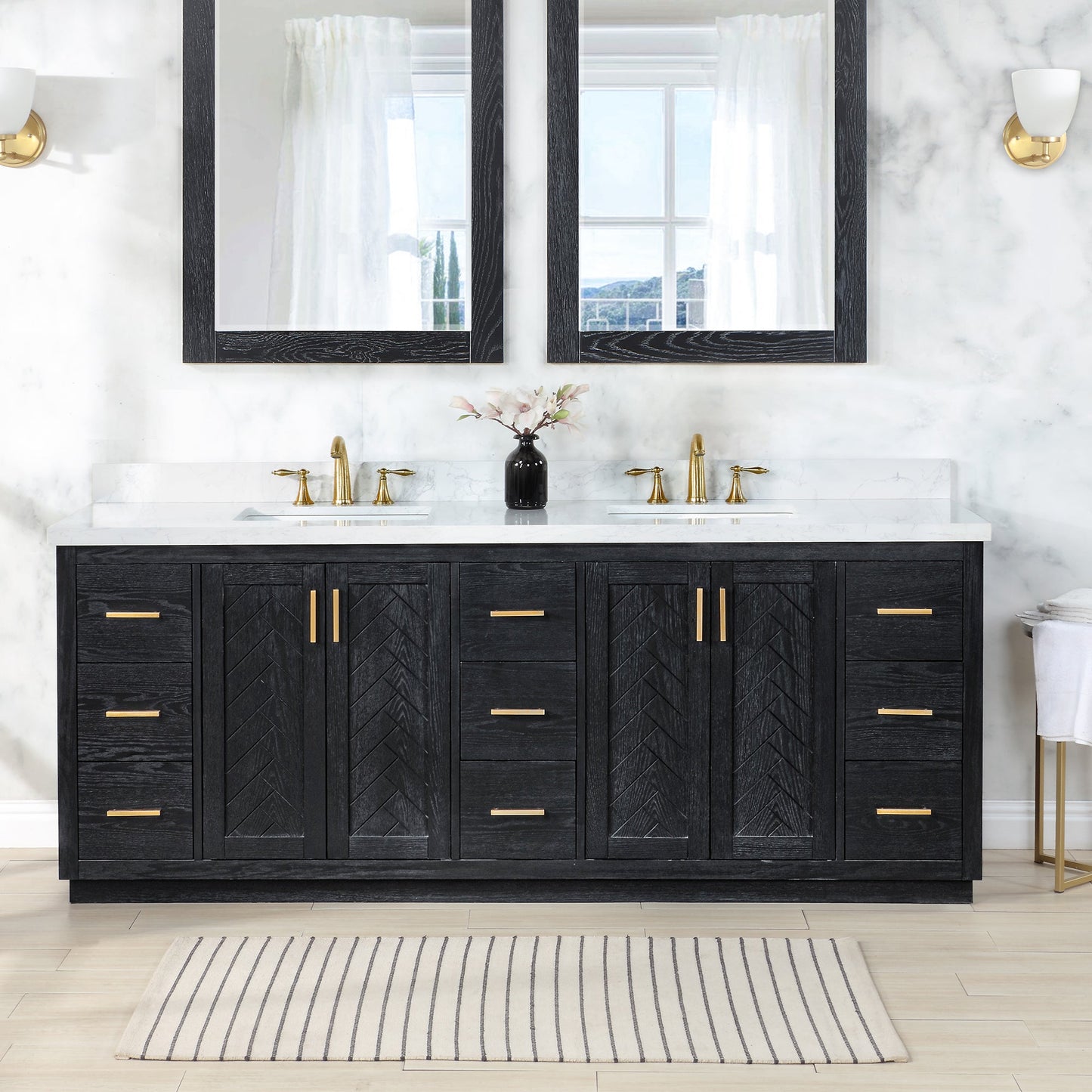 Gazsi 84" Double Bathroom Vanity Set in Black Oak with Grain White Engineered Stone Countertop without Mirror