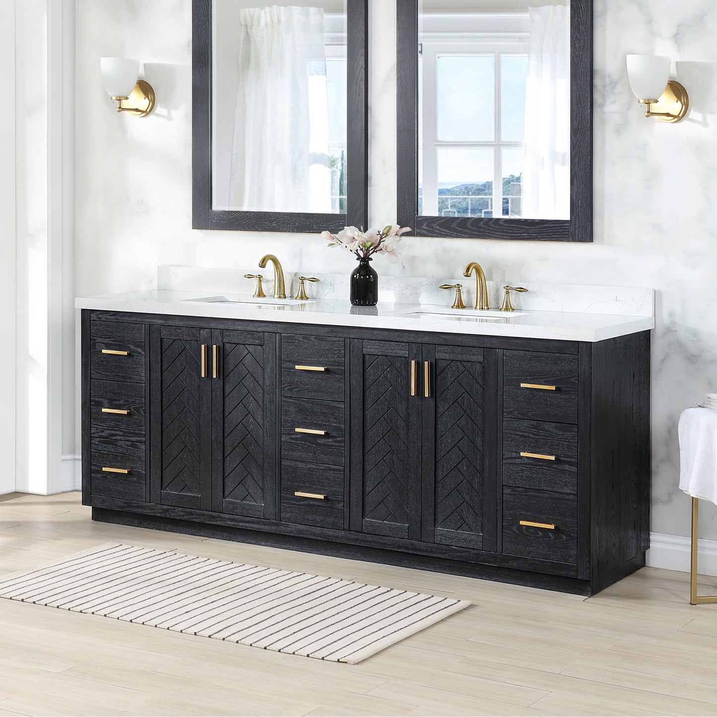 Gazsi 84" Double Bathroom Vanity Set in Black Oak with Grain White Engineered Stone Countertop without Mirror