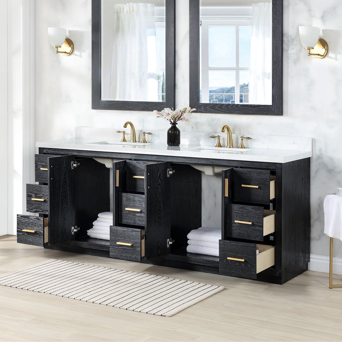Gazsi 84" Double Bathroom Vanity Set in Black Oak with Grain White Engineered Stone Countertop without Mirror